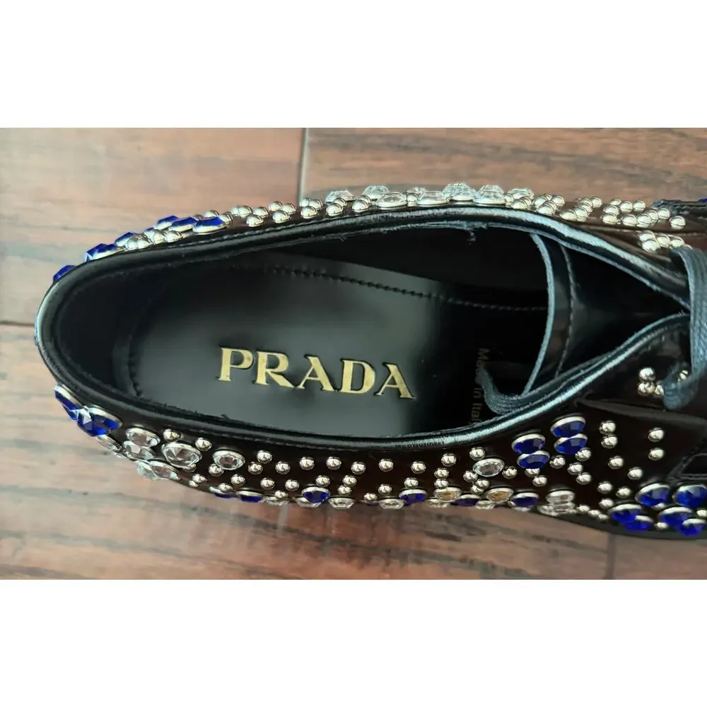 $2,750 NIB Prada Crystal Studded Spazzolato Leather Derby Shoes Black Blue US 10